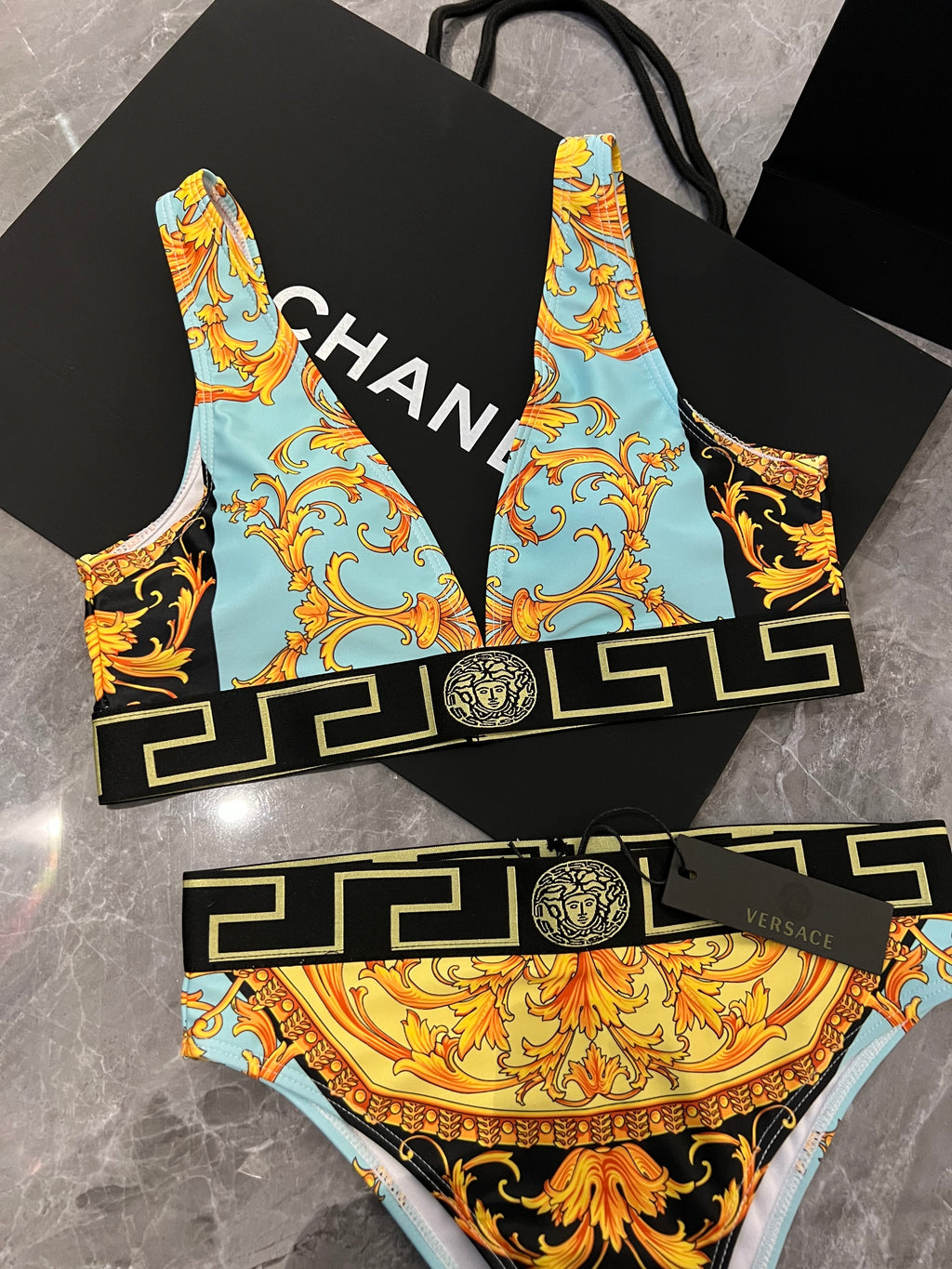 Versace bikini Set with Barocco print and Greca