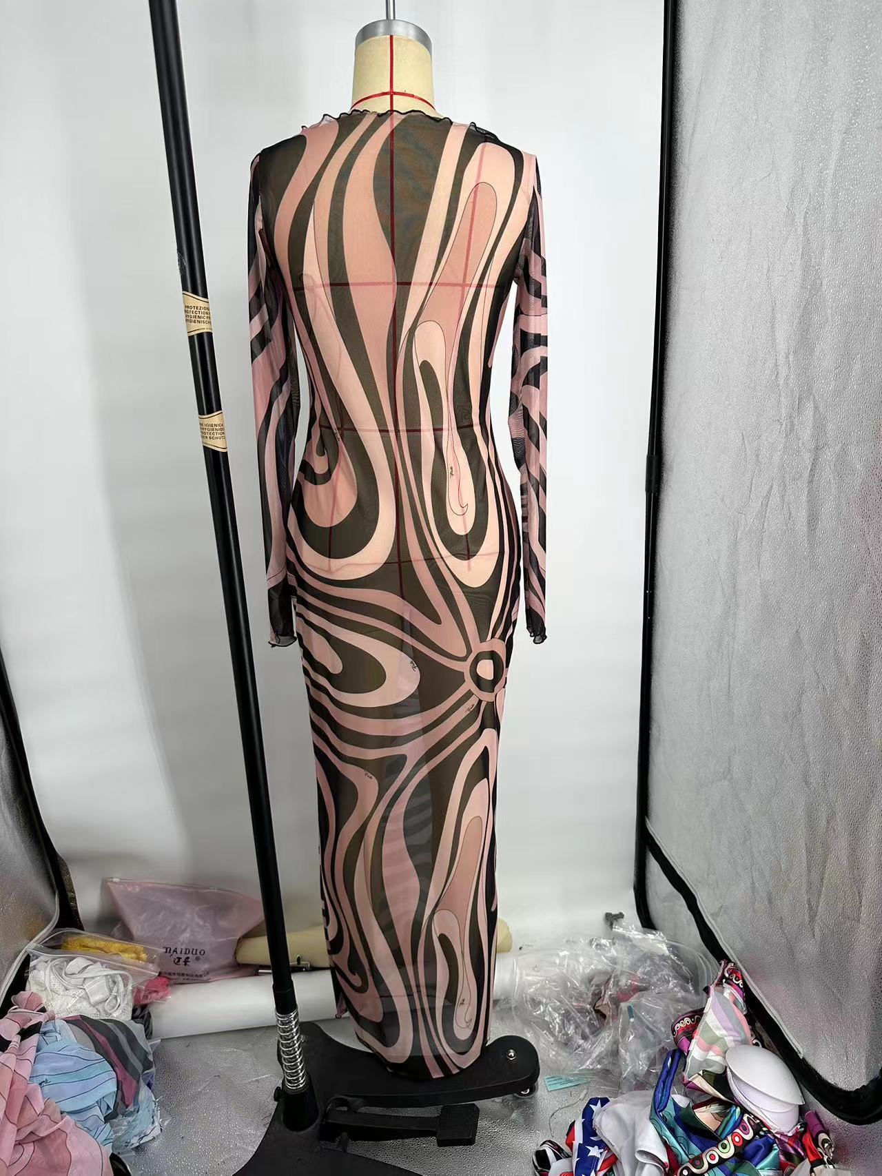 Pucci Marmo-Print Sheer Mesh Long-Sleeve Maxi Dress