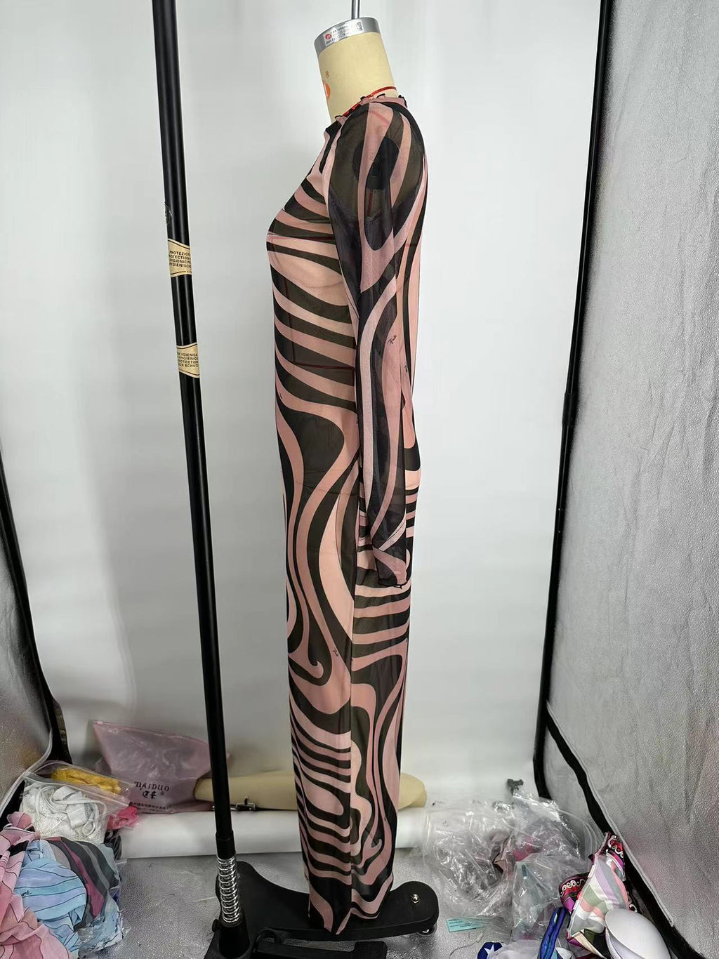 Pucci Marmo-Print Sheer Mesh Long-Sleeve Maxi Dress