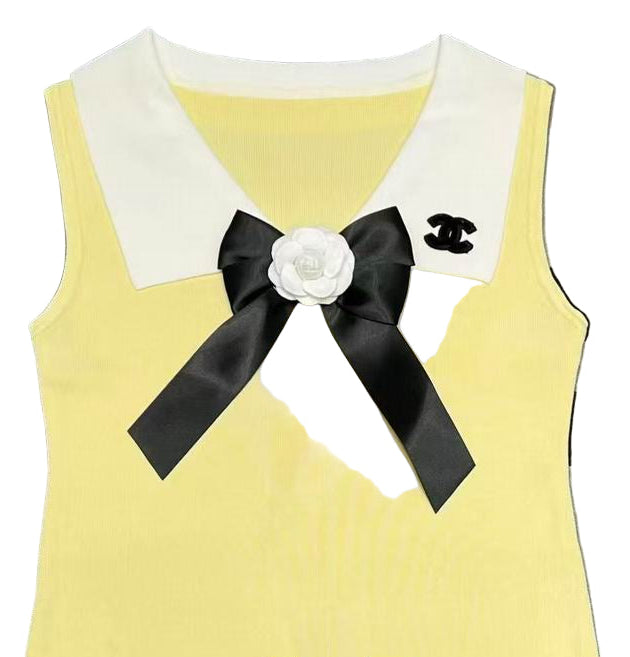 CHANEL Yellow Cream Fitted Tank Top with Sailor Collar