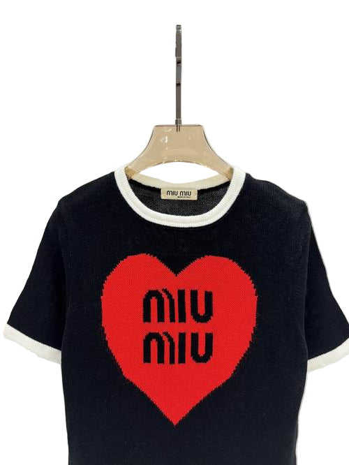 Miu Miu Heart Short Sleeve Black Blouse