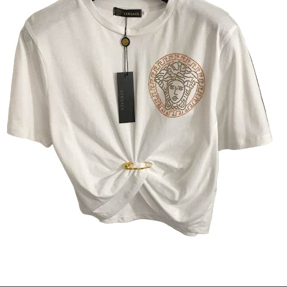 Versace Cutout Draped White Jersey Blouse