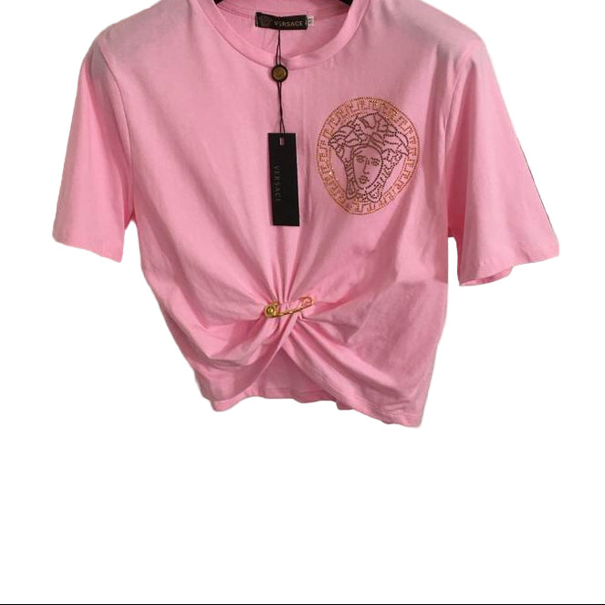 Versace Cutout Draped Pink Jersey Blouse