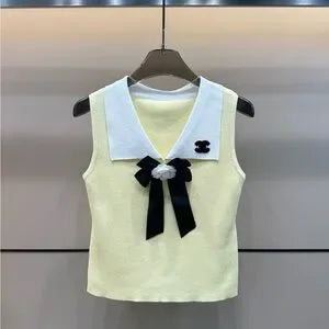 CHANEL Yellow Cream Fitted Tank Top with Sailor Collar