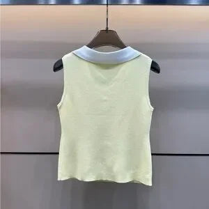 CHANEL Yellow Cream Fitted Tank Top with Sailor Collar